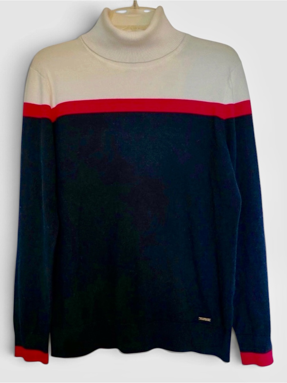 Tommy Hilfiger Cotton Blend Colorblock Turtleneck Sweater Navy Preppy Classic L